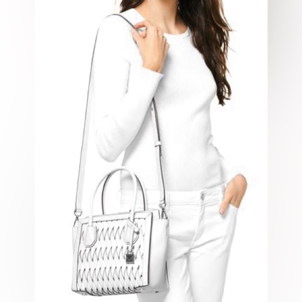 Michael Kors Mercer Studio Woven Leather Crossbody Satchel white